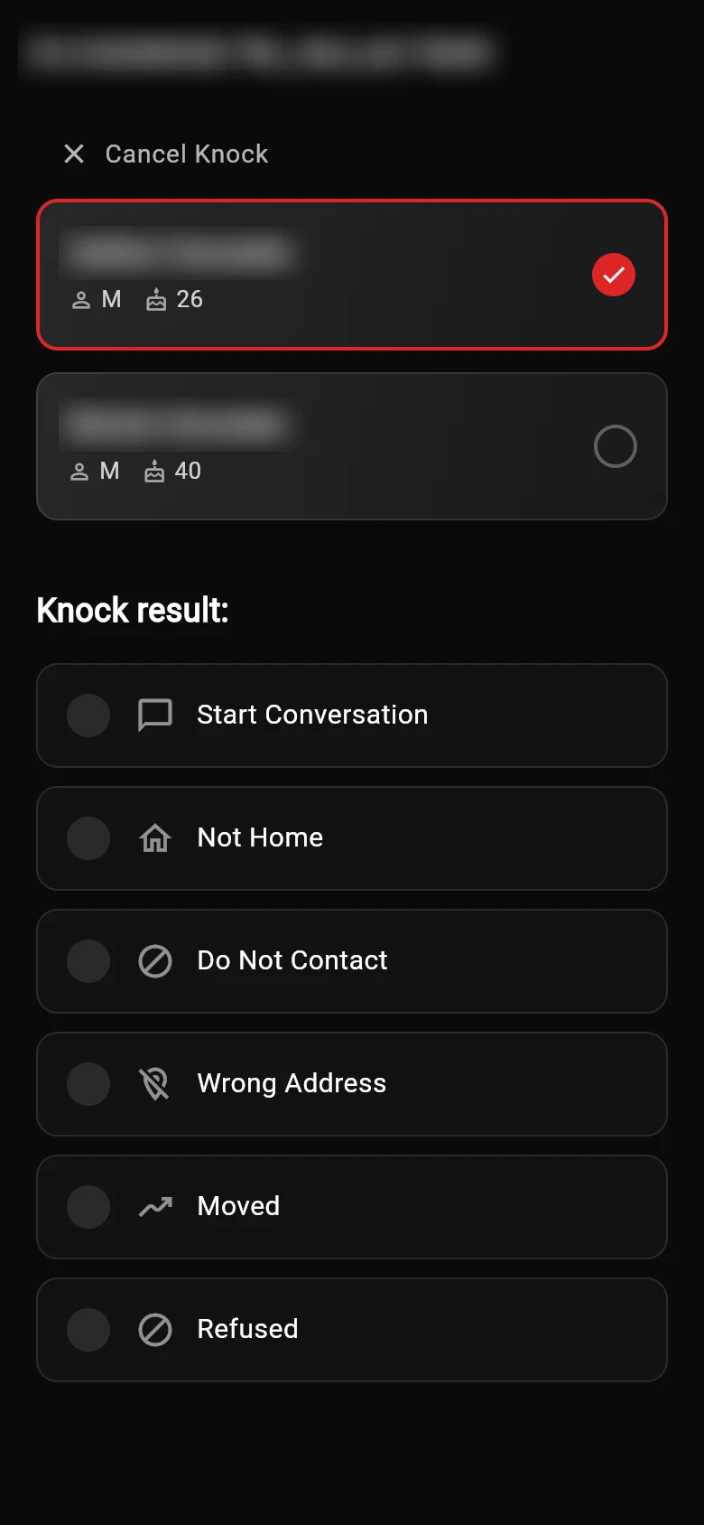 Knock screen: pick the household member, then the knock result
