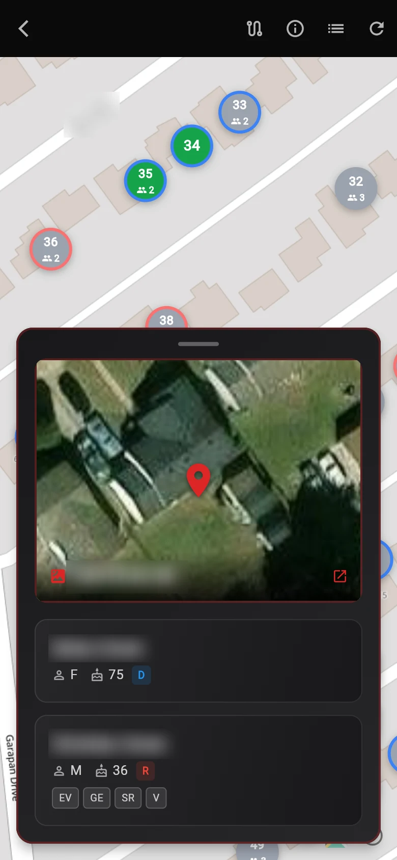 Zoomed walkbook map with household pins and a household card showing a satellite view and its members