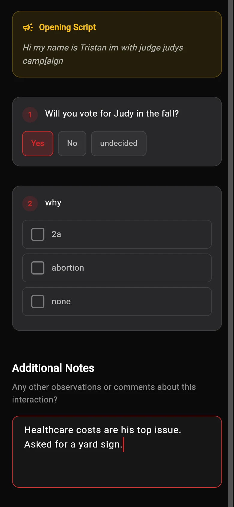 Household survey being filled out: opening script, a yes/no question answered Yes, a follow-up question and a typed note