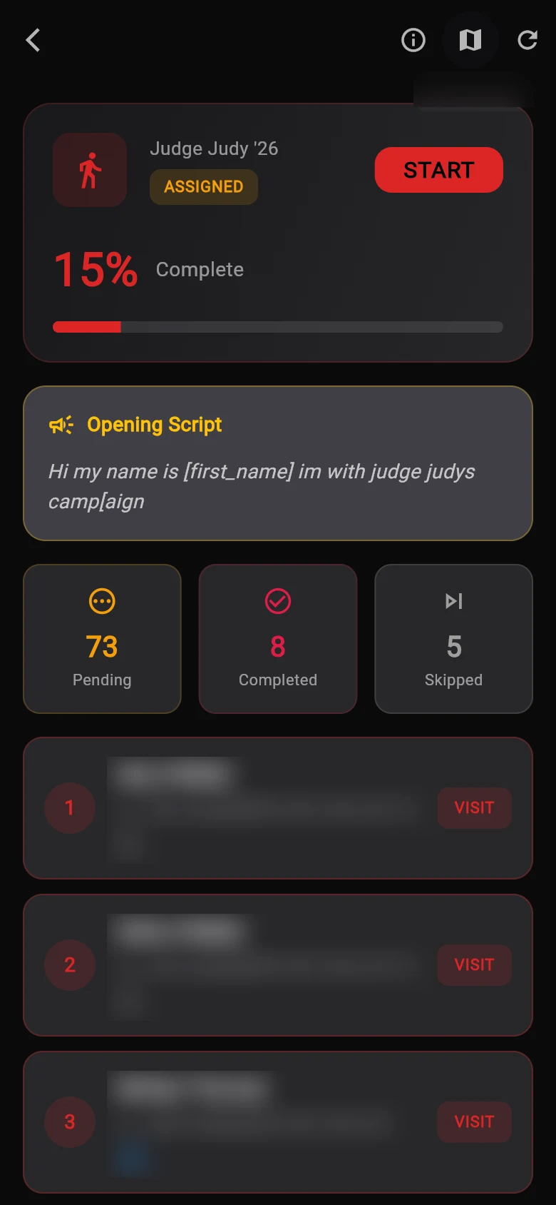 Walkbook screen with progress, opening script and household list