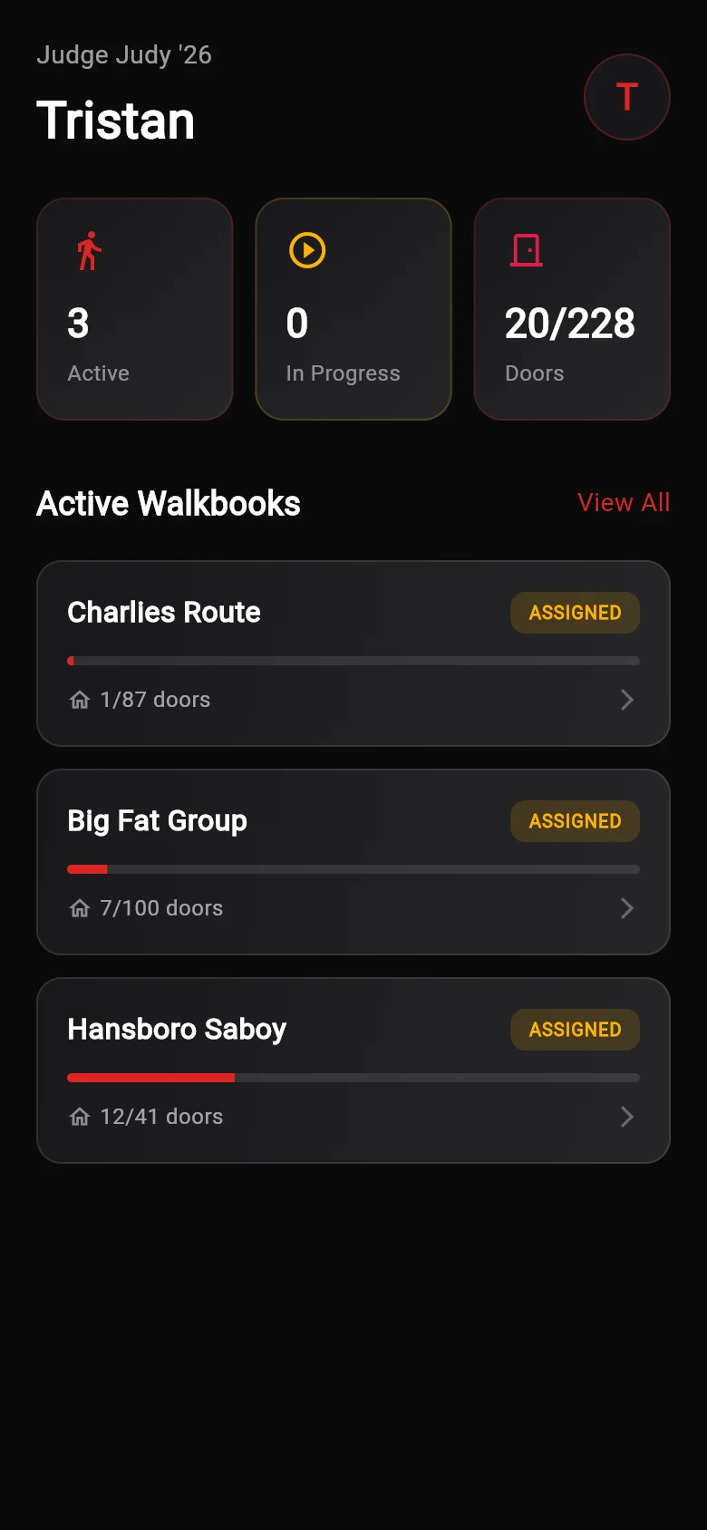 Canvasser home screen with active walkbooks and door counts