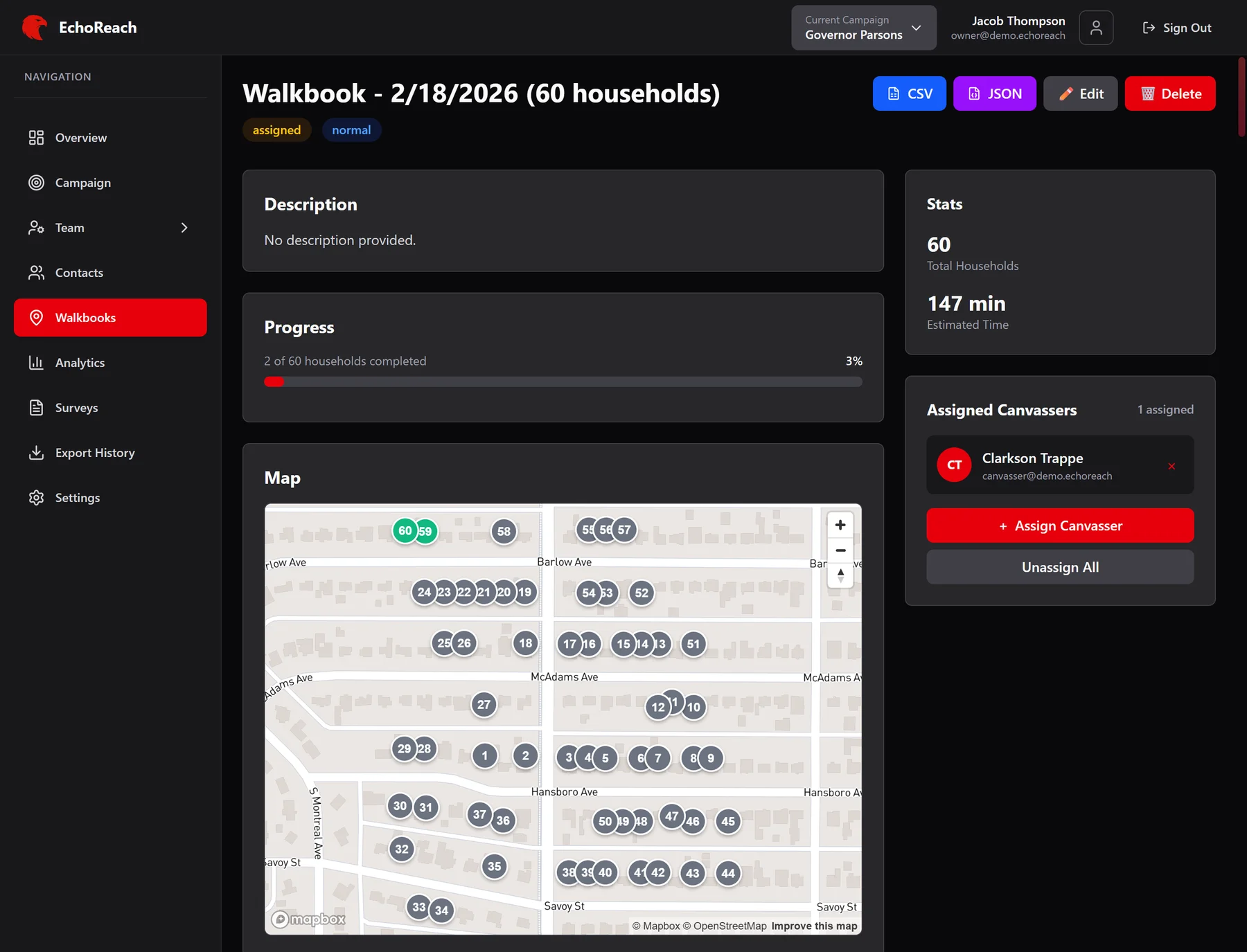 Walkbook detail with progress, estimated time, assigned canvasser and a numbered household map