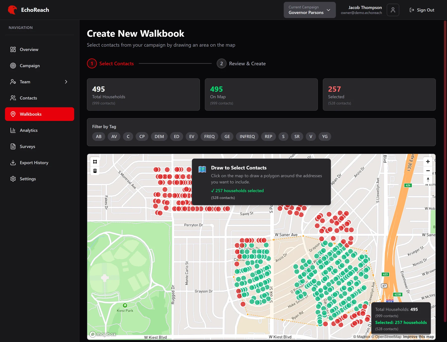 Walkbook builder: a lasso drawn on the map selects 257 households, shown in green