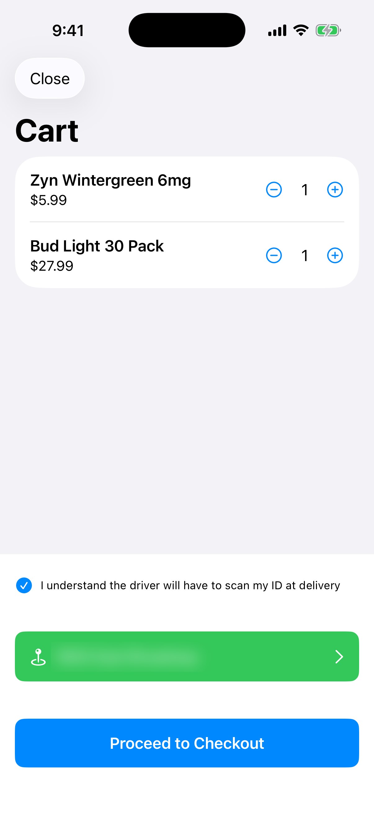 Cart with two items, quantity steppers and a checked box confirming the driver will scan the customer's ID