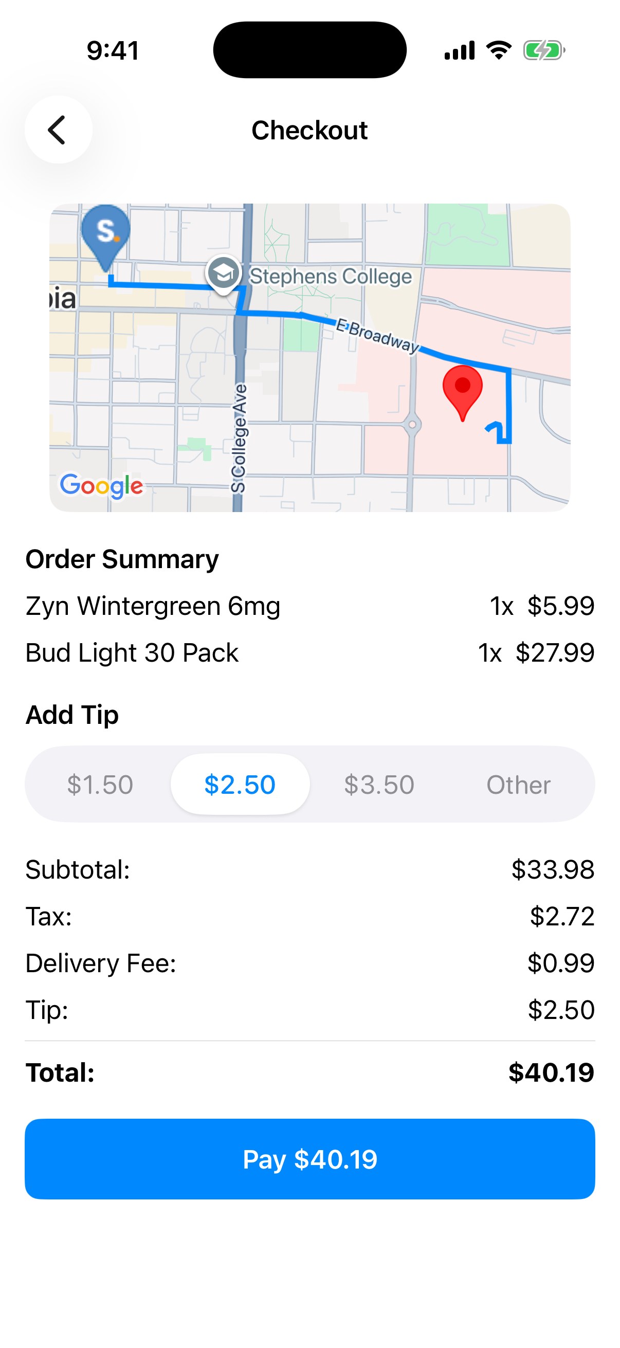 Checkout with a route map from the store, order summary, a $2.50 tip selected, totals and a Pay button