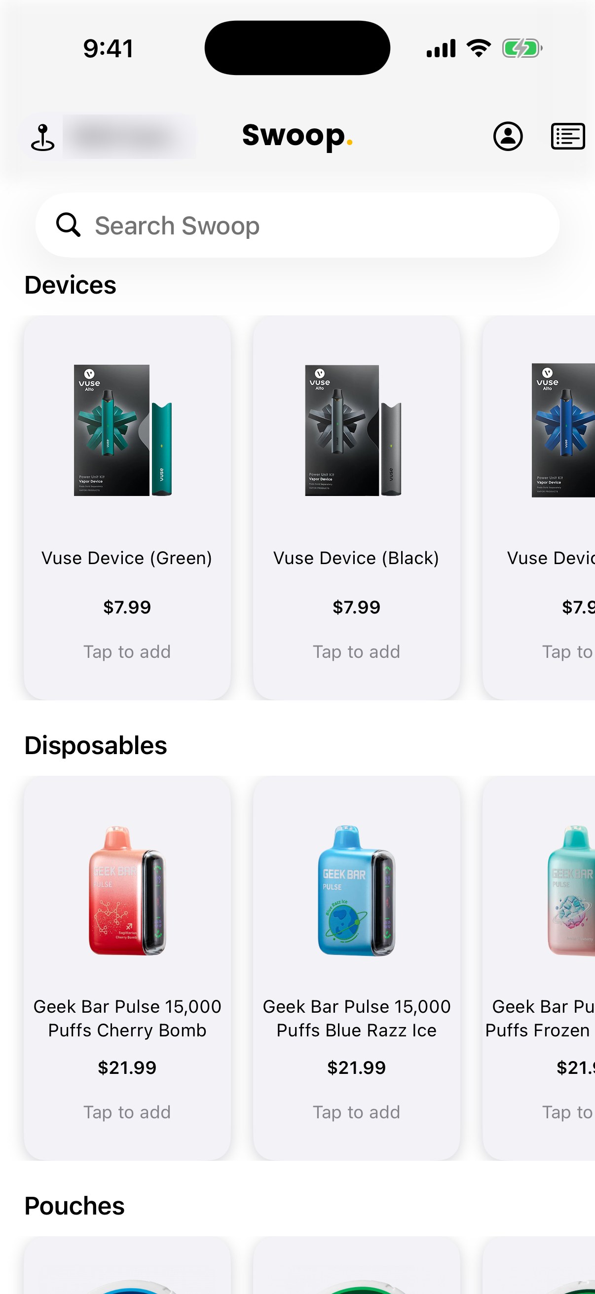 Customer home screen with search and horizontal rows of Devices and Disposables, each tile showing a price and Tap to add