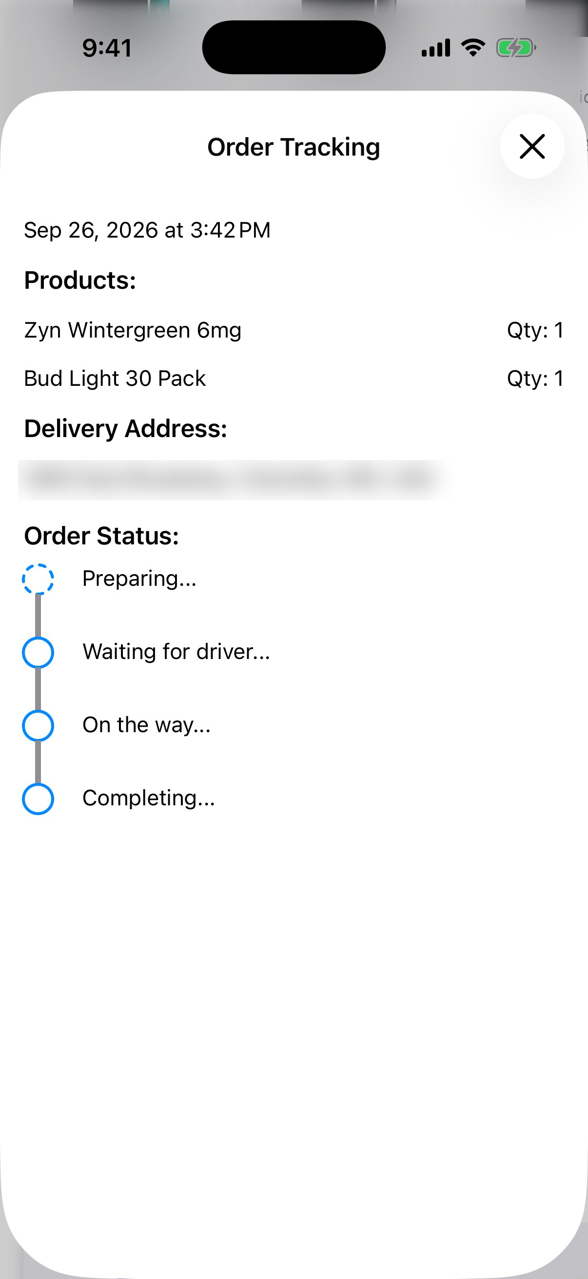Order tracking just after ordering, with Preparing as the current step