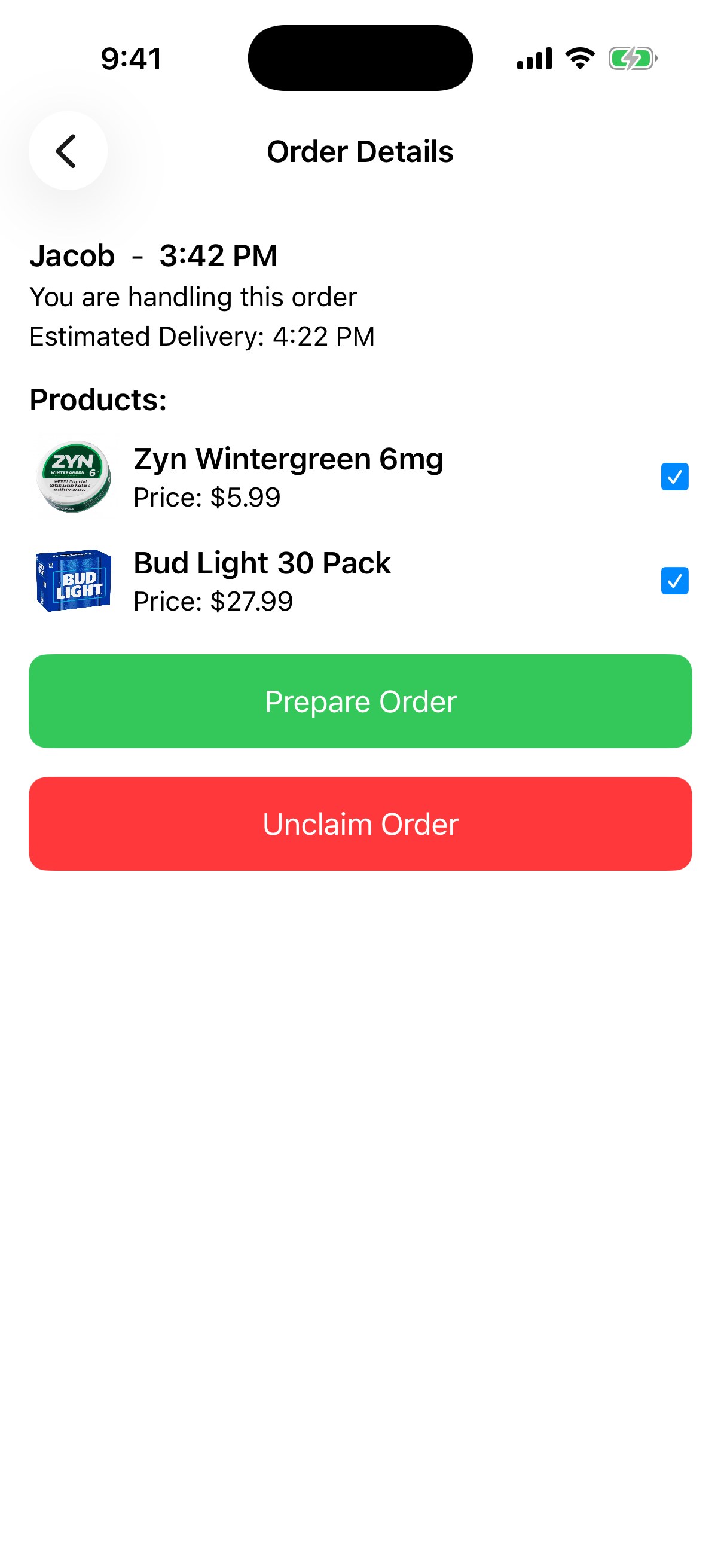Claimed order with both items checked off, an estimated delivery time, and Prepare Order and Unclaim Order buttons