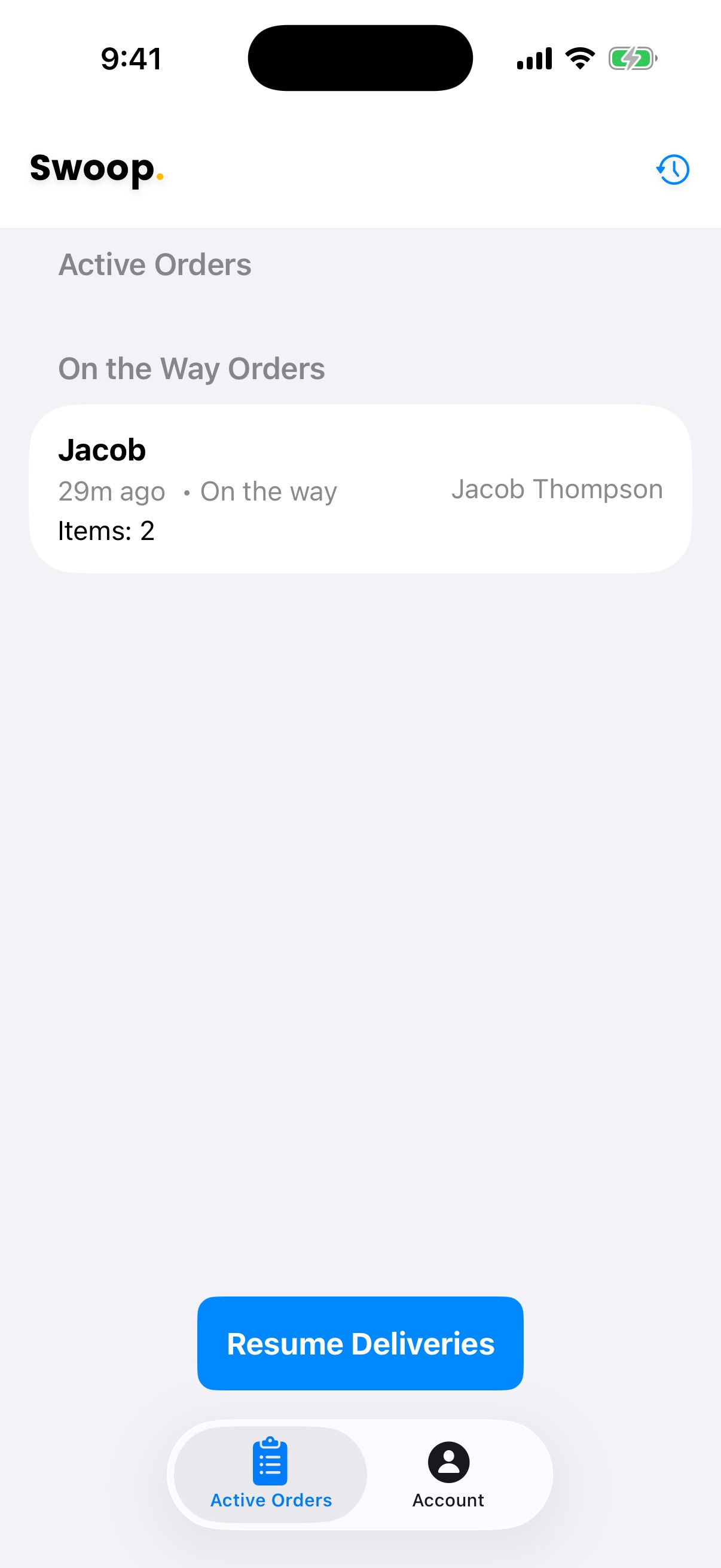 Driver Active Orders list with one order on the way and a Resume Deliveries button