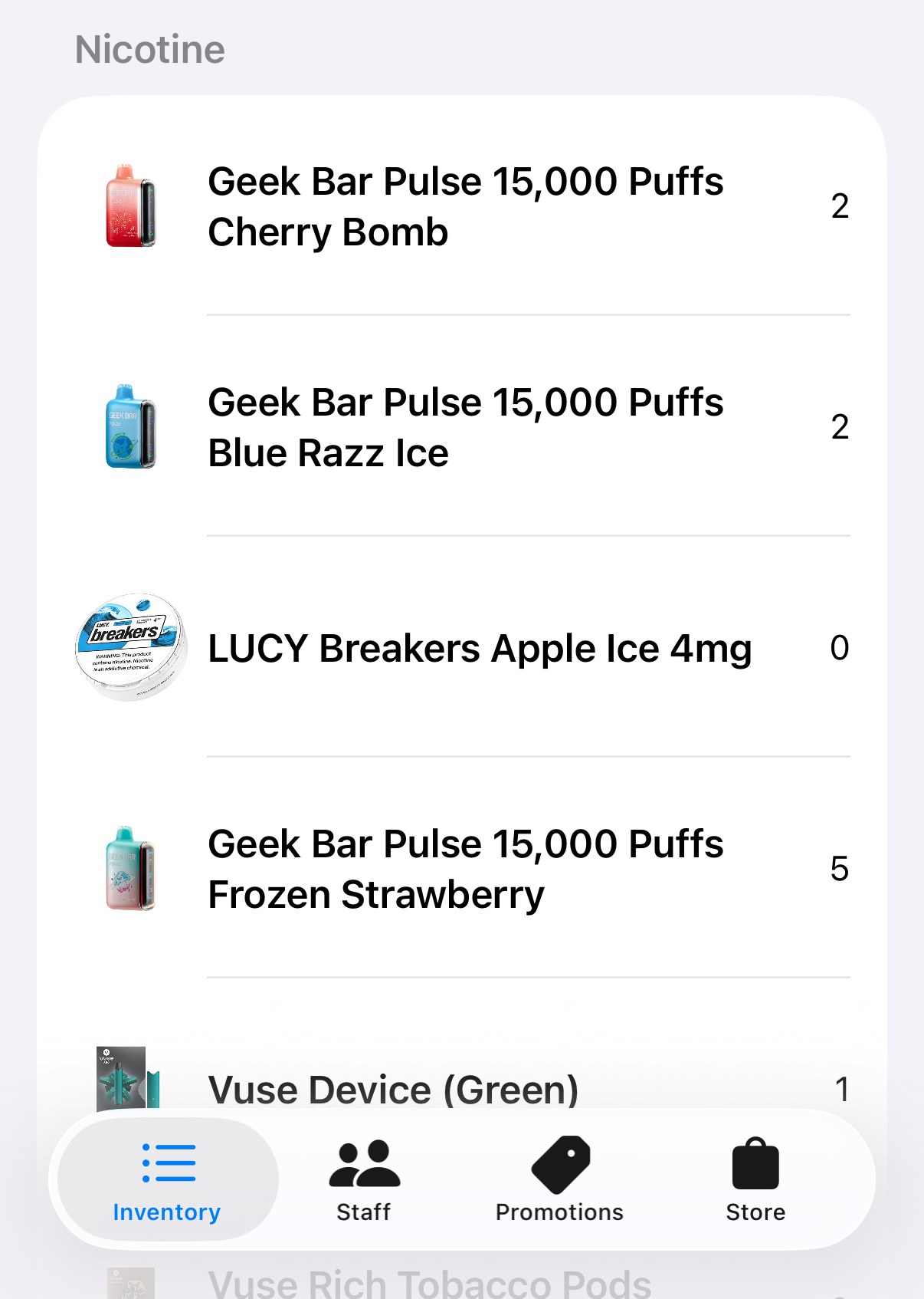 Inventory list of nicotine products with stock counts, above the Inventory, Staff, Promotions and Store tab bar
