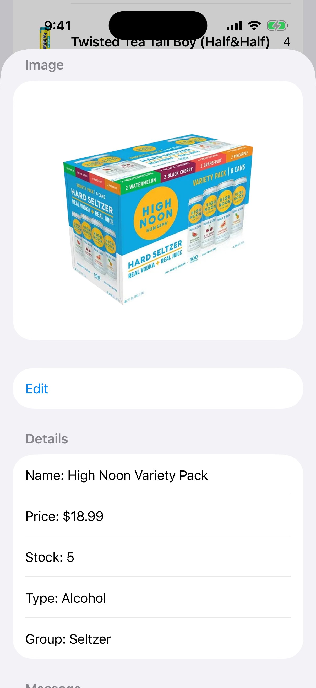 Product detail for High Noon Variety Pack: photo, Edit button, price $18.99, stock 5, type Alcohol, group Seltzer